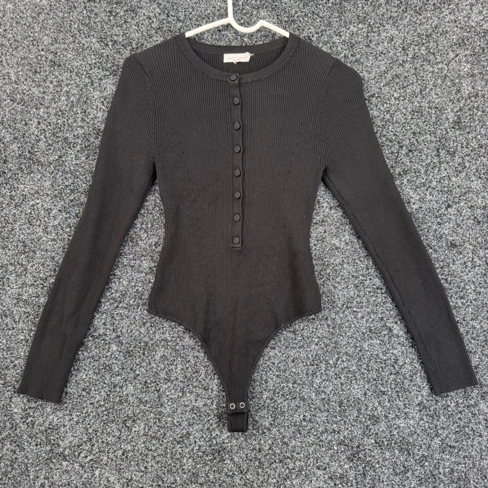 Good American Black Ribbed Henley Bodysuit Long Sleeve GB0335 Size 2 M
